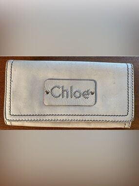 Chloé Vintage Off White Leather Bi Fold Long Wallet with Studded Logo W/ COA